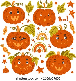 juego de calabazas adorables dibujado a mano. Adorables y divertidos personajes de calabazas en el moderno estilo de doodle de dibujos animados. Festival de Halloween colección de diversas emociones. Ilustración vectorial aislada