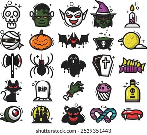 alloween icons collection colored horror emblems sketch