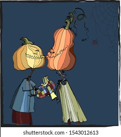 alloween pumpkins holiday love romance illustration kiss