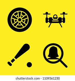 alloy wheel, baseball, magnifying glass and drone vector icon set. Sample icons set for web and graphic design