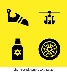 alloy wheel, climbing shoes, sun protection and cable car cabin vector icon set. Sample icons set for web and graphic design