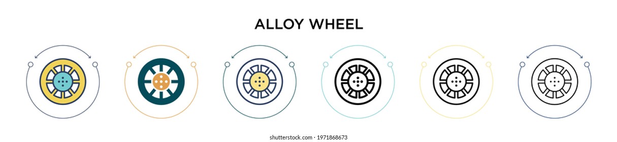 Alloy wheel icon in filled, thin line, outline and stroke style. Vector illustration of two colored and black alloy wheel vector icons designs can be used for mobile, ui, web