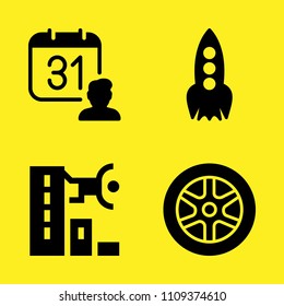 alloy wheel, parkour, rocket and calendar vector icon set. Sample icons set for web and graphic design