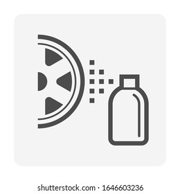 Alloy wheel or rim and aerosol bottle spraying vector icon. To painting color, cleaning or coating waxing for shine protector. Service of car care or repair of auto vehicle, automobile.