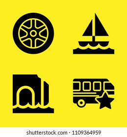 alloy wheel, sea cave, bus and sailboat vector icon set. Sample icons set for web and graphic design