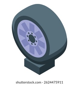 Roda de liga com pneu de pé no pedestal quadrado, ilustração isométrica