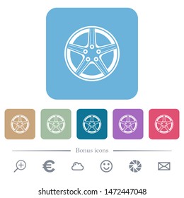 Alloy wheel white flat icons on color rounded square backgrounds. 6 bonus icons included