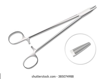 Alloyed suture needle-holder with forceps tip. You can switch off shadow. Photorealistic medical instrument. Surgery professional tool. For medical industry and healthcare. EPS10. Vector.