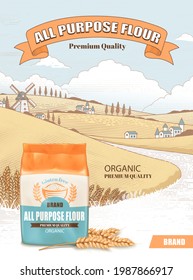 All-purpose flour pack advertisement design with the mockup of flour package in a rustic wheat field scenery in the background