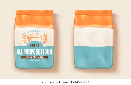 All-purpose flour package design. Mockup of two packages of all-purpose flour, one with a label on it and one without