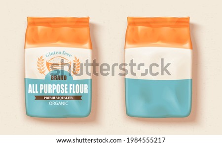 All-purpose flour package design. Mockup of two packages of all-purpose flour, one with a label on it and one without