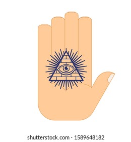 All-seeing eye arm tattoo. Symbol of world government. Illuminati conspiracy theory. sacred sign. Pyramid with an eye. 
