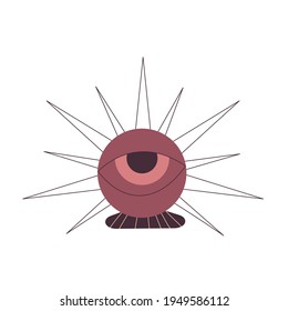All-seeing eye in the ball of palmistry predictions is isolated on white background. Flat illustration with lines. Esoteric vector. Vector hand drawing. A mystical drawing. Isolated illustration