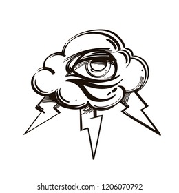 All-seeing eye with cloud and lightning. Outline vector illustration isolated on white background for creating sketches of tattoos, print on T-shirts and other items.