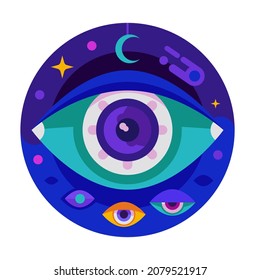 All-seeing eye cosmic occult icon in flat design. Eye of Providence sacred masonic symbol. Witchcraft and magic concept sign with stars and planets.