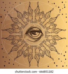 All-seeing eye with decorative ornament of leaves. Eye of Providence. Masonic symbol. Outline vector illustration on beige background.