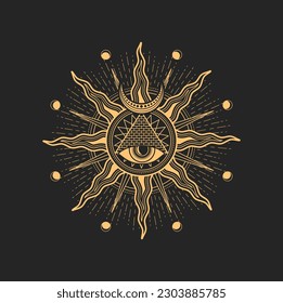 All-seeing eye in Egyptian pyramid and Sun with crescent moon esoteric occult pentagram or magic tarot sign. Vector spiritual magic emblem, isolated alchemy symbol. Solar star with radiant rays