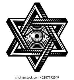 Ojo de Dios en hexágono o estrella de David. Símbolo sagrado en un triángulo estilizado contra el fondo de los rayos divergentes. Ilustración monocroma vectorial.