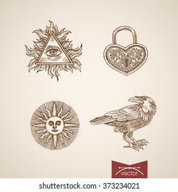 All-seeing eye of God, Eye of Providence, Love Heart shape lock, wind rose sun, crow masonry sign icon set. Engraving style pen pencil crosshatch hatching paper retro vintage vector lineart.