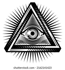 All-seeing eye of God. Sacred symbol in a stylized triangle against the background of diverging rays. Vector monochrome illustration.