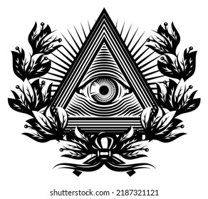 All-seeing eye of God. Sacred symbol in a stylized triangle against the background of diverging rays. Vector monochrome illustration.