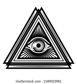 All-seeing eye of God in triangle. Sacred symbol in a stylized triangles. Vector monochrome illustration.