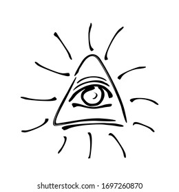 All-seeing eye. Eye inside the triangle, doodle style. Freehand drawing, grunge icon. Black and white vector illustration