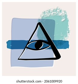 All-seeing eye magical, esoteric poster, abstract banner. Hand-drawn shapes, textures and line art Freemasons eye sign, a symbol of hidden truth and wisdom. Vector sketch style isolated illustration.