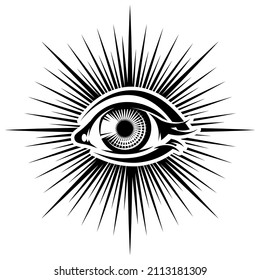 All-seeing eye. Masonic sacred symbol. Stylized female eye. Vector monochrome illustration. Template, element for design.