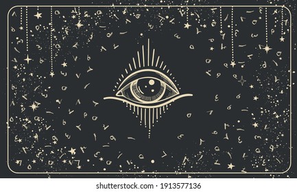 All-seeing eye on a black background with Arabic numerals, vintage pattern for numerology, astrology, prediction. Modern esoteric vector banner