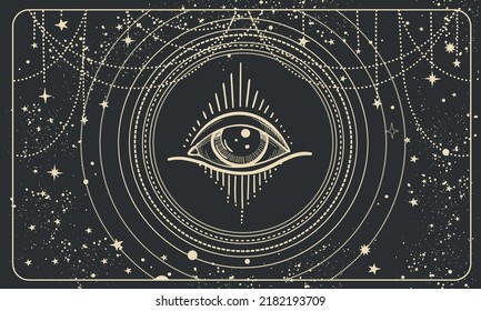 Ojo de todo ver sobre un fondo negro con números árabes, patrón vintage para la numerología, astrología, predicción. Banner vectorial esotérico moderno.