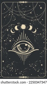 All-seeing eye on a black mystical celestial background with stars, vintage pattern for numerology, astrology, divination, stories template. Modern esoteric vector card.