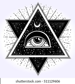 All-seeing eye is on the crossing of two traingles with starnight sky in each. New World Order.Freemason and spiritual, religion, spirituality, alchemy, occultism, tattoo art. Vector illustration.