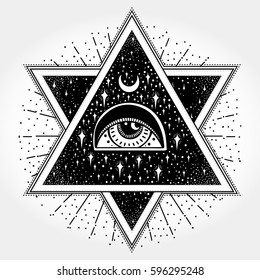 All-seeing eye is on the crossing of two traingles with starnight sky in each. New World Order.Freemason and spiritual, religion, spirituality, alchemy, occultism, tattoo art. Vector illustration.