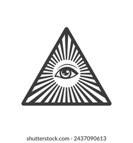 Ojo omnímodo en la pirámide de los símbolos masones del ocultismo, la sociedad secreta iluminati, elementos vectoriales aislados en blanco.