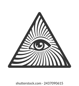 Ojo omnímodo en la pirámide de los símbolos masones del ocultismo, la sociedad secreta iluminati, elementos vectoriales aislados en blanco.