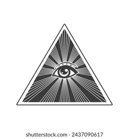 All-seeing eye on pyramid of freemasons symbols of occultism, illuminati secret society, Vector elements isolated on white.