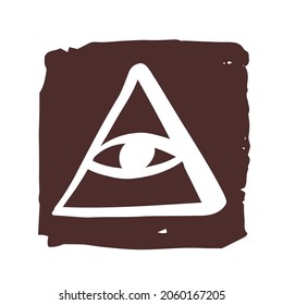 All-seeing eye on a textured brown background. A magical and esoteric sign, a religious sign of the Freemasons, a symbol of hidden truth and wisdom. Vector sketch style isolated illustration.