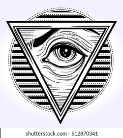 All-seeing eye is on the traingle. All seeing eye pyramid symbol. New World Order.Freemason and spiritual, religion, spirituality, alchemy, occultism, tattoo art. Vector illustration.