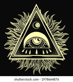 All-seeing eye is on the traingle with a starninght sky beling of which the rays of the sun. Religion philosophy, spirituality, occultism, chemistry, science, magic.Isolated vector illustration.