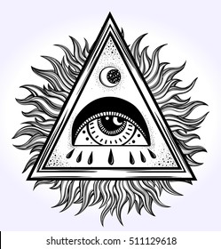 All-seeing eye is on the traingle with a starninght sky beling of which the rays of the sun. Religion philosophy, spirituality, occultism, chemistry, science, magic.Isolated vector illustration.