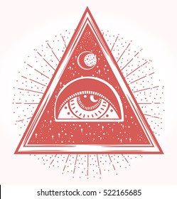 All-seeing eye is on the traingle with a starninght sky beling of which the rays of the sun. Religion philosophy,spirituality,occultism,science, magic, sacred geometry. Isolated vector illustration.