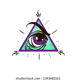All-seeing eye pentagram on a white background. Cartoon style.