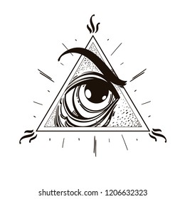 All-seeing eye. Eye of Providence. Outline vector illustration isolated on white background for tattoos, print on T-shirts and other items.