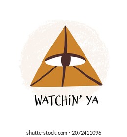 All-seeing eye, Eye of Providence, Watching you text. Magician, luck symbol, Esoteric, mysterious card, t-shirt print design. Hand-drawn vector isolated illustration. 