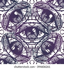 All-seeing eye seamless pattern. Hand drawn Eye symbol. Alchemy, religion, spirituality, occultism, wrapping and textiles art. Isolated vector illustration. Conspiracy theory. 