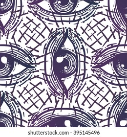 All-seeing eye seamless pattern. Hand drawn Eye symbol. Alchemy, religion, spirituality, occultism, wrapping and textiles art. Isolated vector illustration. 