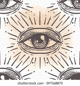 All-seeing eye seamless pattern. Hand drawn Eye symbol. Alchemy, religion, spirituality, occultism, wrapping and textiles art. Isolated vector illustration. Conspiracy theory. 