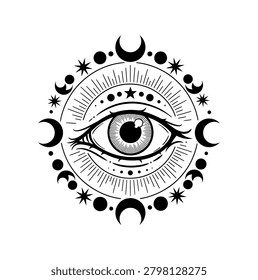 An all-seeing eye surrounded by celestial bodies, including moons, stars, and suns, in a circular pattern.   