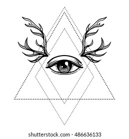 All-seeing eye symbol. Blackwork tattoo design. Sacred geometry, third eye, deer antlers. Vector illustration isolated on white. Tattoo design, mystic symbol. Dotwork. Boho hipster design.